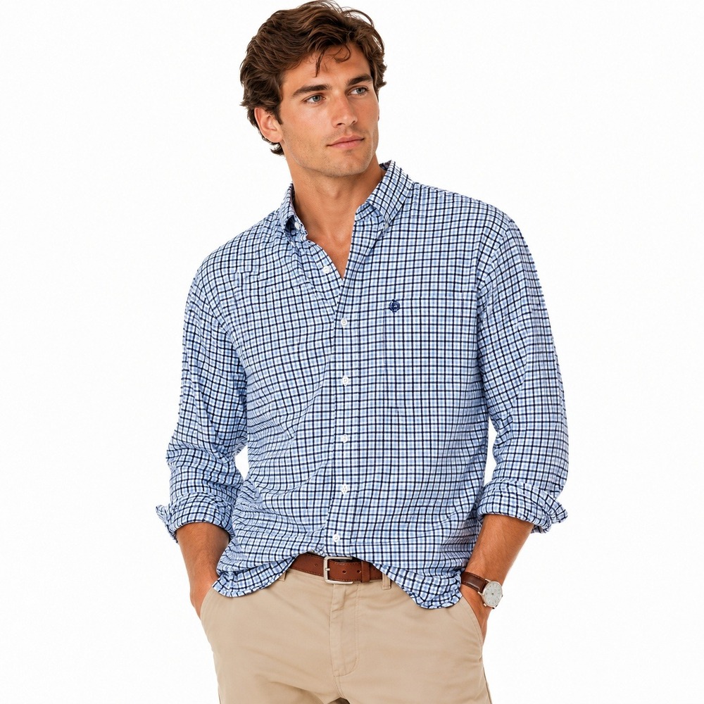 Chaps Coastland Wash Checkered Oxford Button Down Shirt Blue White Preppy Size L